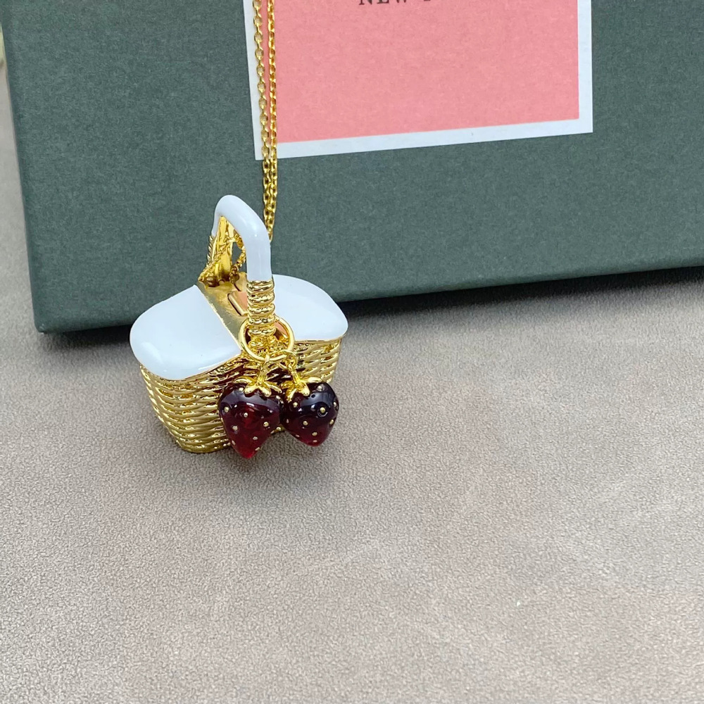 kate spade Long Woven Strawberry Basket Enamel Locket Necklace